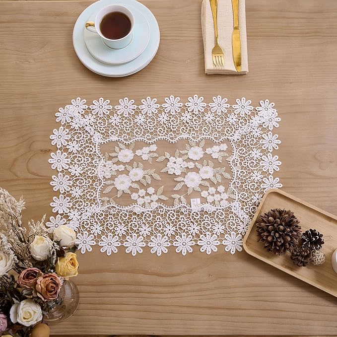 White Ivory Gold Floral Lace Placemats 14”x20” Set of 2, Table Topper Dresser Scarf Place Mats(Set of 2, White & Ivory)