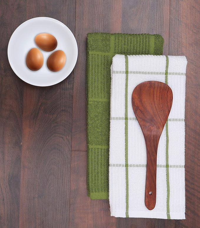 AMOUR INFINI Kitchen Towels Pack of 4, Terry Cotton Dish Towels, Ultra Absorbent, Quick Drying Hand & Tea Towels, Soft Durable Cleaning Cloths with Hanging Loop, 16 x 26 Inch (Green)