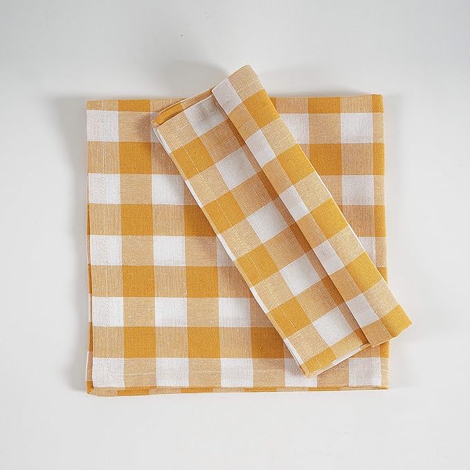 FINGERCRAFT Cloth Napkins, Everyday Use, Premium Quality, Cotton Buffalo Plaid, Set of 12, 20X20 Inch Oversized Napkins Cloth Mitered Corners, Soft, Durable Hotel Quality Yellow White Checkered