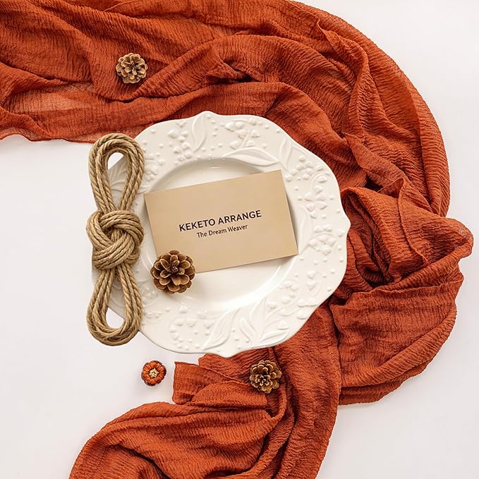 Keketoarrange Fall Thanksgiving Table Runner Terracotta Decorations 120 Inch 10 FT Rustic Burnt Orange Sheer Cheese Cloth for Baby Bridal Shower Friendsgiving Party Centerpiece Gauze Decor for Home