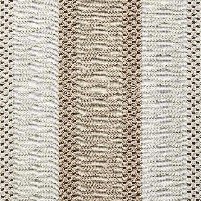 ZeeMart Macrame Style Bicolor Stitching Table Runner, 14 x 36 Inch Taupe/Ivory, Boho Beige Table Runners 36 Inches Long, Farmhouse Woven Home Decor