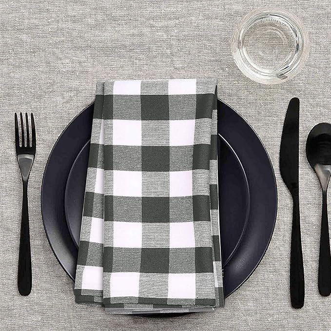 Napkin 100% Cotton 18 Inch x 18 Inch Dinner Napkins, Gingham Buffalo Check Plaid Decorative Washable Cloth Napkin Set of 12 for Dining, Buffet Parties & Camping - Grey White