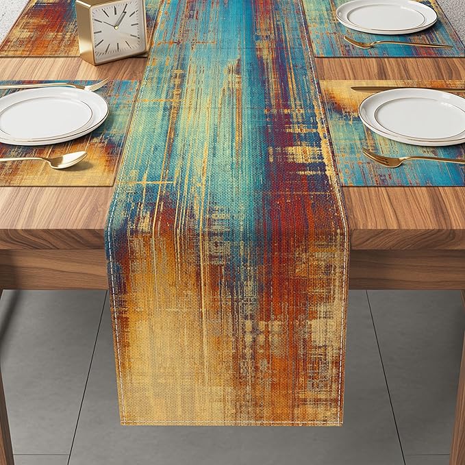 Blue and Orange Table Runner and Placemats Set of 6 Farmhouse Washable Linen Place Mats Rustic Abstract Art Table Decor for Kitchen Dining Coffee Outdoor Party (Orange and Blue, 13"x71"+12"x18")