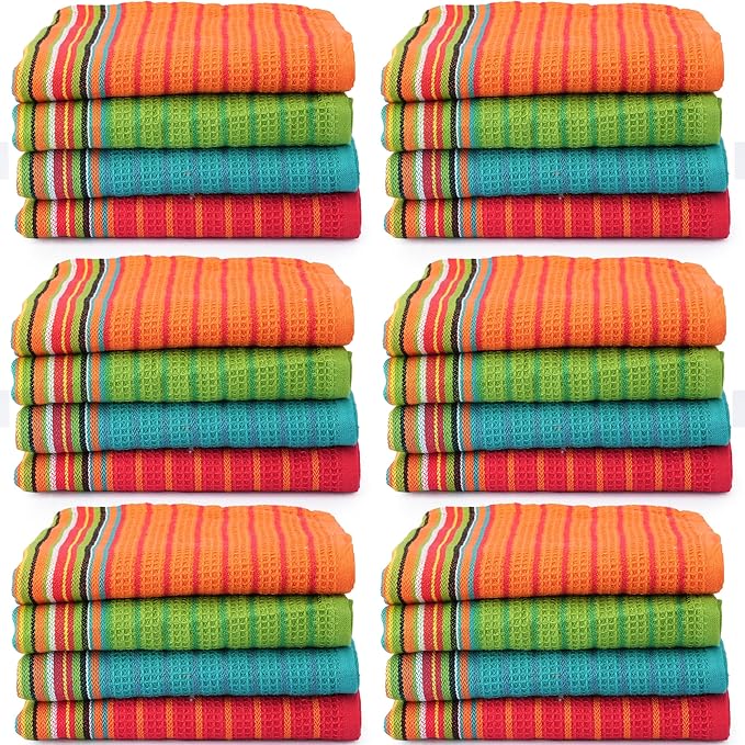 TEXAS LINEN CO. Kitchen Dish Towels, 100% Cotton Salsa Towels, Set of 24 (16x28 Inches), Multi Purpose Cooking Drying Restaurant Bar Cleaning Cloth Napkin, Highly Absorbent, Lint Free, Multi-Color