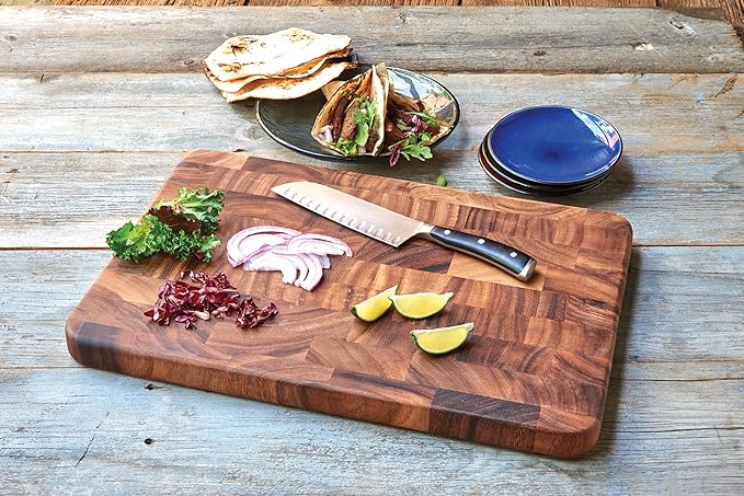 Ironwood Gourmet Large End Grain Prep Station and Large End Grain Prep Board With Juice Channel Set, Acacia Wood
