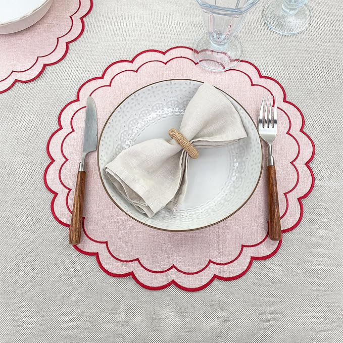 Linen Cotton Placemats Set of 4 Scalloped Flower Embroidery Place Mats 15'' Natural Linen Texture Fabric Machine Washable Table Mats for Restaurant Kitchen,Table Decor(Powder Pink)