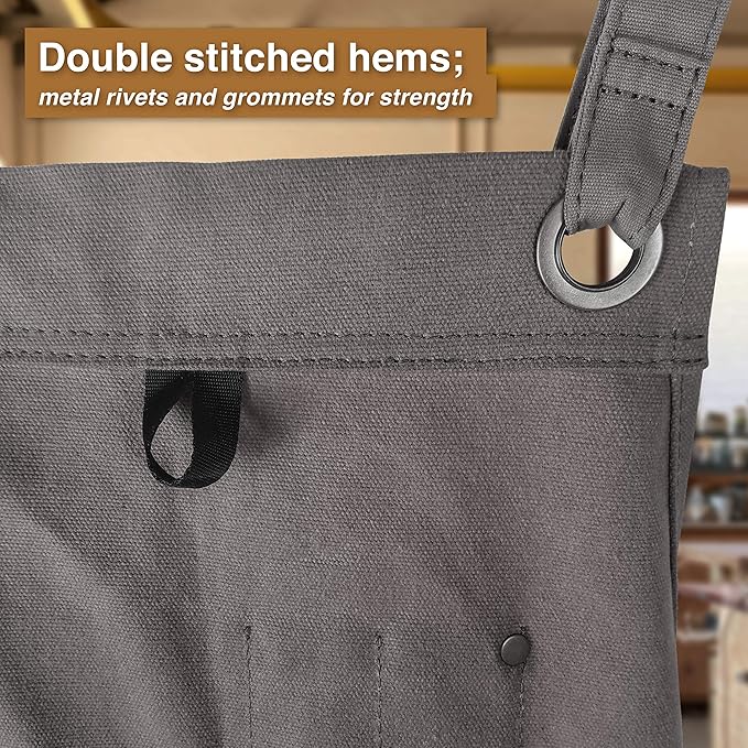 Hudson Durable Goods Woodworking Edition Waxed Canvas Tool Apron for Men and Women, Heavy Duty Work Apron with Front Pockets, Adjustable Padded Straps, Quick Release Buckle, Crossback - One Size, Grey