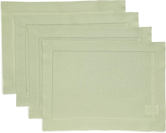 Solino Home Linen Placemats Set of 4 - Classic Hemstitch Sage Green Placemats 14 x 19 Inch - 100% Pure Linen Table Mats for Spring, Summer, Mothers Day