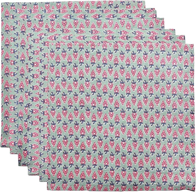 CPC Grey Teal Indian Block Print Cotton Cloth Napkins Set of 4, 18x18 Reusable Everyday Napkins, Soft, Absorbent, Floral Dinner Napkin, Holiday, Party Gift, Spring,Mother's Day