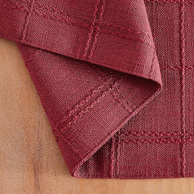 ZeeMart Linen Checked Placemats Set of 4, Plaid Embroidery Textured Table Mats, Double Layer Thick Farmhouse Rustic Place Mats for Kitchen Dining Table Home Decor, Burgundy 13x19 Inch
