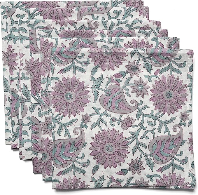 CPC Cloth Napkins 100% Cotton Set of 4 Reusable Napkins, Indian Block Print Toile Floral Dinner Napkin, Fall Thanksgiving Christmas Holiday Party Gift - Soft Absorbent Napkin, 18"x18" Lavendar Flower