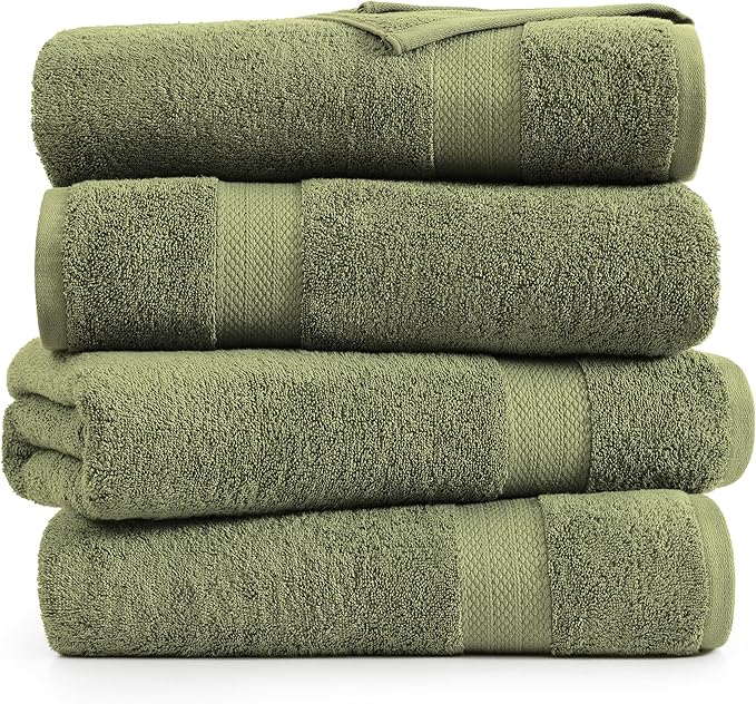 LANE LINEN 4 PCs Bath Towels Set (28"x54") - 100% Ring Spun Cotton Bathroom Towels Set - Quick Dry, Ultra Soft & Absorbent, Durable Large Bath Towels - Tumble Dry Regains Fluffiness - Oil Green