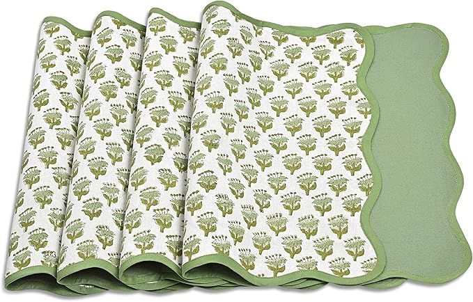 CPC Cotton Placemats Emerald Green Set of 4-Hand Block Printed Reversible Placemats, Flower Scalloped & Embroidered Cloth Table Mats - 14 x 20 inch Gift for Spring, Mother's Day