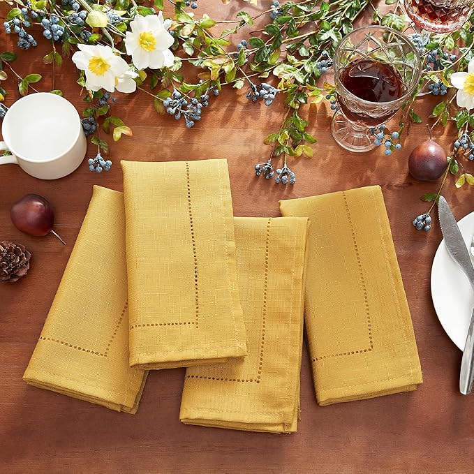 Elrene Home Fashions Alison Eyelet Border Design Cloth Wrinkle Resistant Fabric Dinner Napkin, Set of 4, 17"x17", Golden Yellow