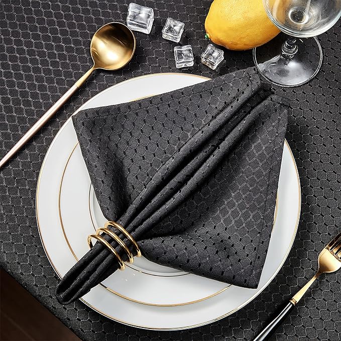 Cloth Napkins Set of 8 – Square 17x17 Inch Jacquard Fabric Polyester Washable Reusable Cloth Napkins for Kitchen Dinner Dining Restaurants Wedding Party Banquet Table (Black)