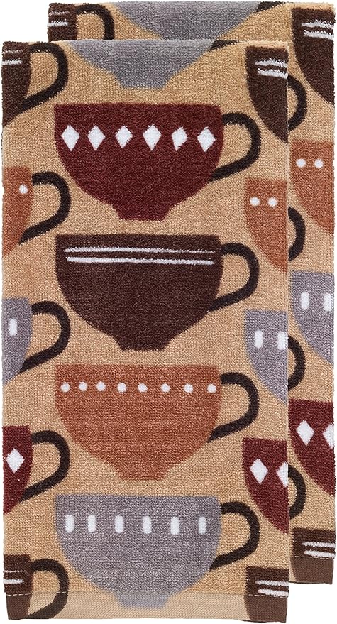 T-Fal Fiber Reactive Print Kitchen Towels: Highly Absorbent, Super Soft - 100% Cotton, 16"x28" Dish Towels for Cleaning & Drying Dishes, Pans, Glassware, or Countertops, 2-Pack, Coffee