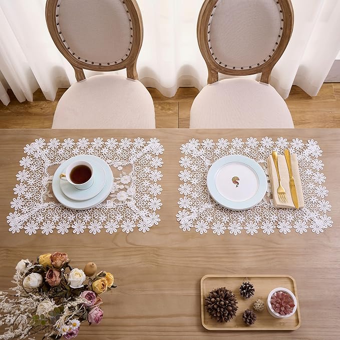 White Ivory Gold Floral Lace Placemats 14”x20” Set of 2, Table Topper Dresser Scarf Place Mats(Set of 2, White & Ivory)