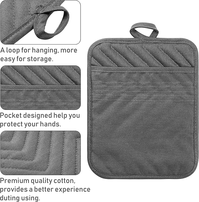 GROBRO7 5Pack Pocket Pot Holders Cotton Heat Resistant Potholder Multipurpose Hot Pads Machine Washable Oven Mitts Cooking Pads Bulk for Daily Kitchen Baking and Cooking 8.9 x 6.9 Inch Grey