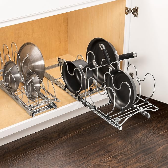 LYNK PROFESSIONAL® Pull Out Cabinet Organizer for Pots and Pans – Under Cabinet Pots and Pans Organizer – Cabinet Slide Out Shelves – Pot and Pan Lid Organizer Rack for Cabinet - 11" W x 21" D, Chrome