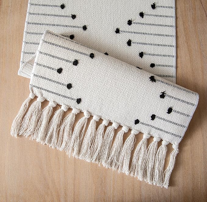 Boho Table Runner 13 x 108 Inch Long Natural Cotton Woven Runner with Tassels for Home Dining Table décor, for Modern Farmhouse Decor Coffee Table Runner, Black and Beige