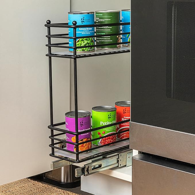 Household Essentials Glidez Multipurpose Paint-Finished Steel Pull-Out/Slide-Out Storage Organizer with Plastic Liners for Under Cabinet Use - 2-Tier Design, Black