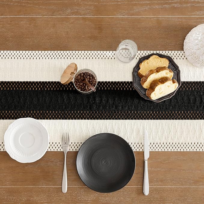 ZeeMart Macrame Style Bicolor Stitching Table Runner, 14 x 36 Inch Black/Ivory, Boho Black Table Runners 36 Inches Long, Farmhouse Woven Home Decor