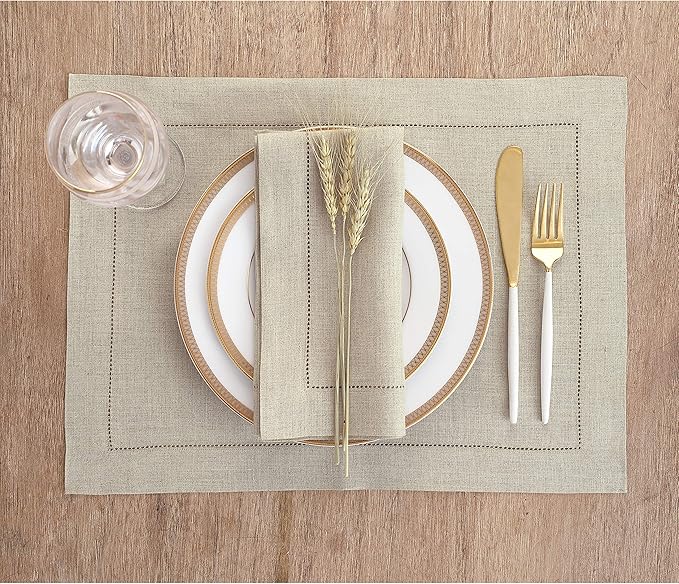 Solino Home Linen Placemats Set of 4 - Classic Hemstitch Natural Placemats 14 x 19 Inch - 100% Pure Linen Table Mats for Spring, Summer, Mothers Day