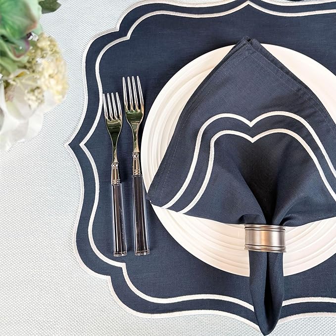 Cotton Linen Placemats Set of 4 - Double Layered, Machine Washable, Wrinkle Resistance, Scalloped & Embroidered Cloth Table Mats - Wedding, Indoor Mat, Giftable, 19 x 17 inch, Navy