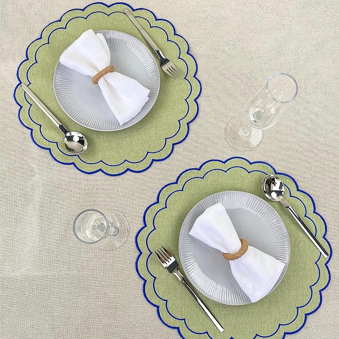 Linen Cotton Placemats Set of 4 Scalloped Flower Embroidery Place Mats 15'' Natural Linen Texture Fabric Machine Washable Table Mats for Restaurant Kitchen,Table Decor(Matcha Green)