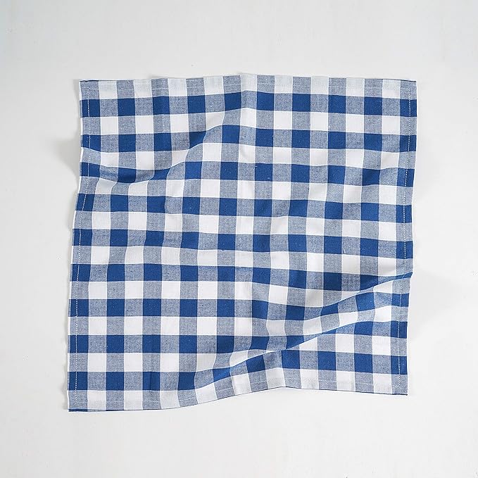 FINGERCRAFT Cloth Napkins, Everyday Use, Premium Quality, Cotton Buffalo Plaid, Set of 12, 20X20 Inch Oversized Napkins Cloth Mitered Corners, Soft, Durable Hotel Quality Blue White Checkered