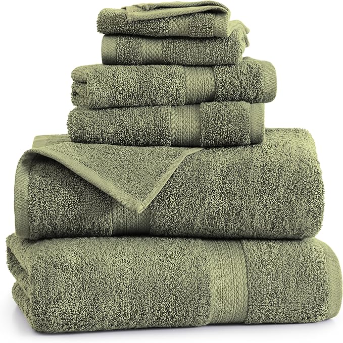 LANE LINEN Luxury Cotton Bath Towel Pack of 6 - Softer, Highly Absorbent & Durable - 2 Bath, 2 Wash cloths, 2 Hand Towels for Bathroom - Premium Look, Spa Quality, Solid Dyed Towels - Oil Green