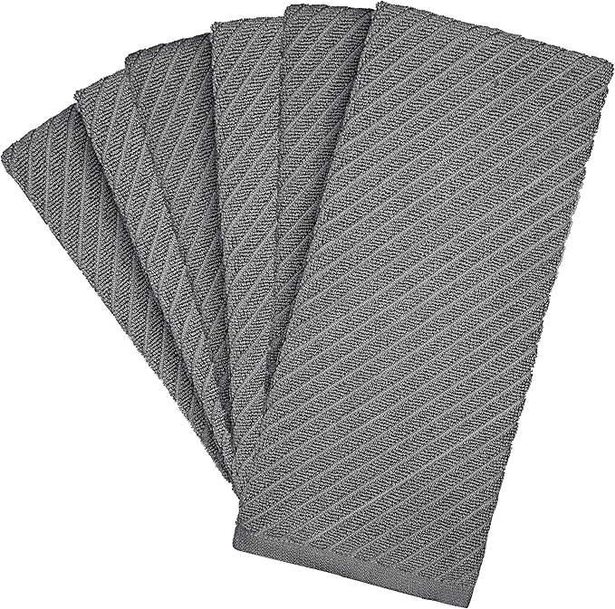 Premium Kitchen Towels (16”x 25”, 6 Pack) | Large Cotton Kitchen Hand Towels | Dish Towels | Diagonal Weave Design | 445 GSM Highly Absorbent Tea Towels Set with Hanging Loop | Grey