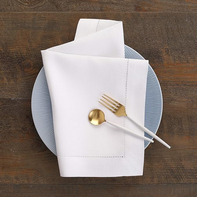 Solino Home White Linen Napkins Set of 6-100% Pure Linen Hemstitch Dinner Napkins 20 x 20 Inch for Mothers Day, Spring, Summer, Memorial Day - Classic Hemstitch