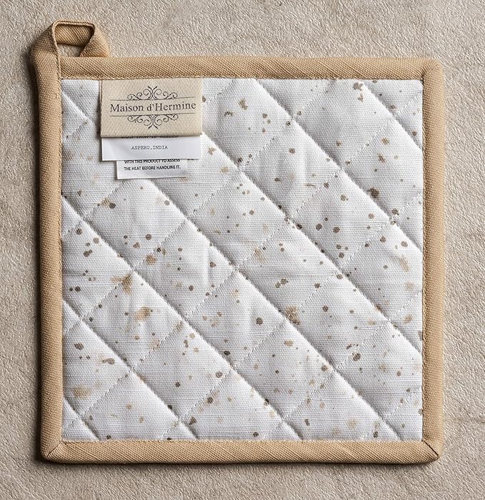 Maison d' Hermine Pot Holders 100% Cotton Heat Resistant Potholders 8" x 8" Hot Pads with Loop Baking Gifts for Mothers Day Handling Hot Pans Spring/Summer (Pack of 2, Meadow Florals - Beige)