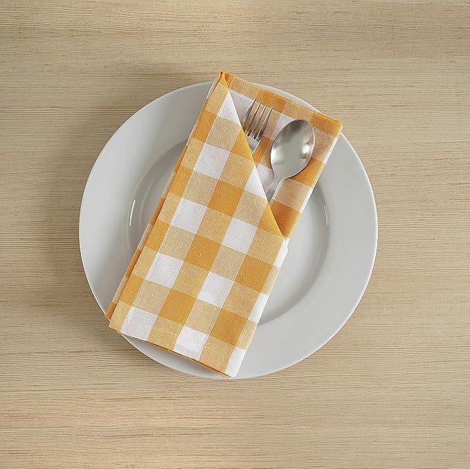 FINGERCRAFT Cloth Napkins, Everyday Use, Premium Quality, Cotton Buffalo Plaid, Set of 12, 20X20 Inch Oversized Napkins Cloth Mitered Corners, Soft, Durable Hotel Quality Yellow White Checkered