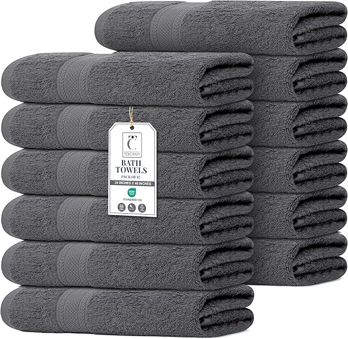 Commercial Bulk Pack of 12 Small Bath Towels – 100% Cotton Terry 24" x 46" – Ideal for Hotels, Salons, Gyms, Spas & Institutional Use – Charcoal Grey