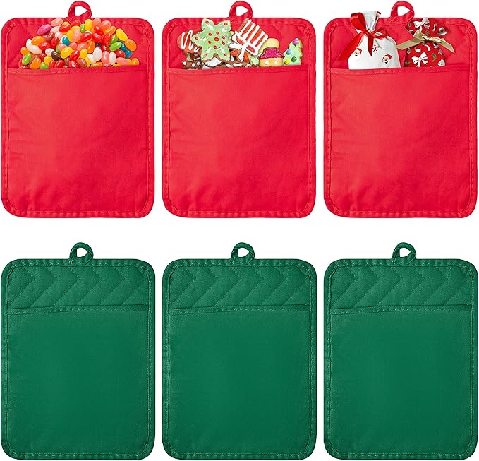 R HORSE 6Pcs Christmas Red Green Potholders with Pockets Baking Cooking Gift Kitchen Cotton Heat Resistant Potholder Machine Washable Hot Pads Oven Mitt Christmas Pot Holder Gift
