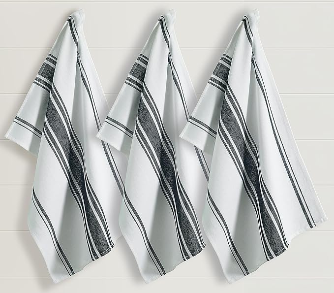 Kitchen Towels Set – Pack of 3 (20’’ x 30’’) Extra Large Premium Cotton Dish Towels for Kitchen – Super Striped Towels – Absorbent – 100% Cotton – with Hanging Loop – Black