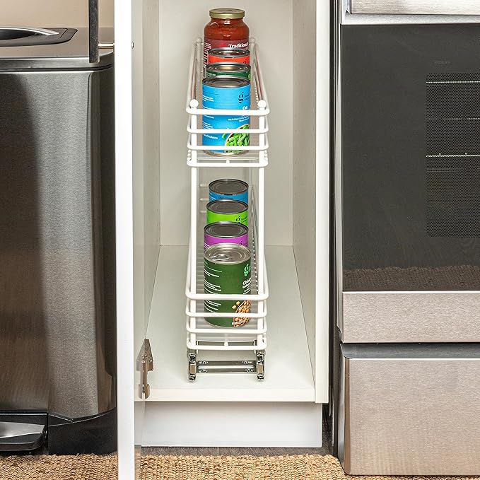 Household Essentials Glidez Paint-Finished Steel Pull-Out/Slide-Out Basket Storage Organizer with Plastic Liners for Under Cabinet Use - 2-Tier Design - Fits Standard Size Cabinet or Shelf, White