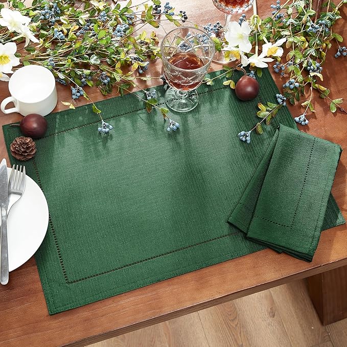 Elrene Home Fashions Alison Eyelet Border Design Cloth Wrinkle Resistant Fabric Placemat, Set of 4, 13"x19", Forest