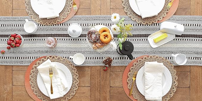 DII Farmhouse Braided Stripe Table Runner Collection, 15x108 (15x113, Fringe Included), Dark Brown