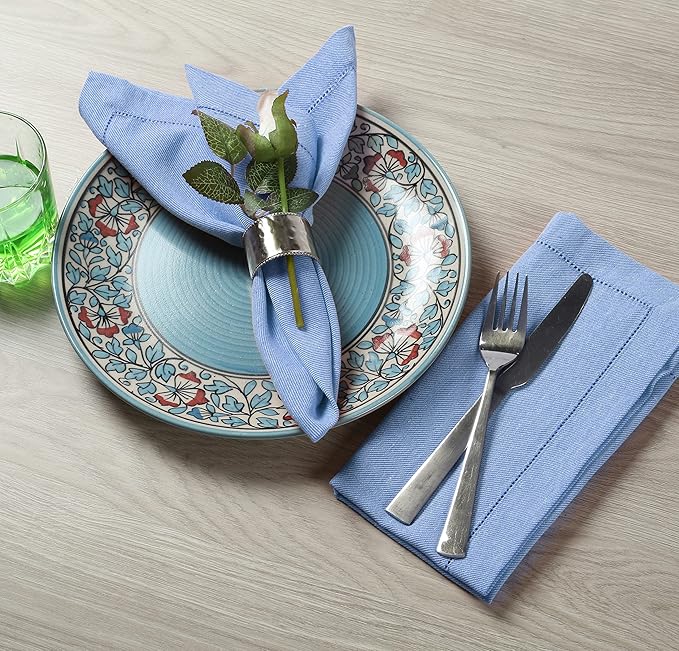 Fingercraft Cloth Napkins, Dual Color Hemstitched Design Dinner Napkins, Everyday Use,Premium Quality Cotton Napkins Perfect for Parties Dinners Weddings Christmas Set of 12, 20 inch Blue White