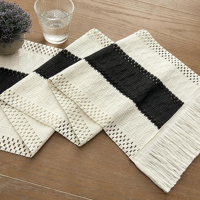 ZeeMart Macrame Style Bicolor Stitching Table Runner, 12 x 108 Inch Black/Ivory, Boho Black Table Runners 108 Inches Long, Farmhouse Woven Home Decor