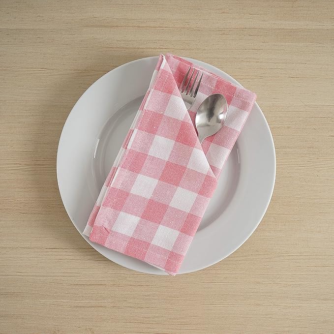 FINGERCRAFT Cloth Napkins, Everyday Use, Premium Quality, Cotton Buffalo Plaid, Set of 12, 20X20 Inch Oversized Napkins Cloth Mitered Corners, Soft, Durable Hotel Quality Pink White Checkered