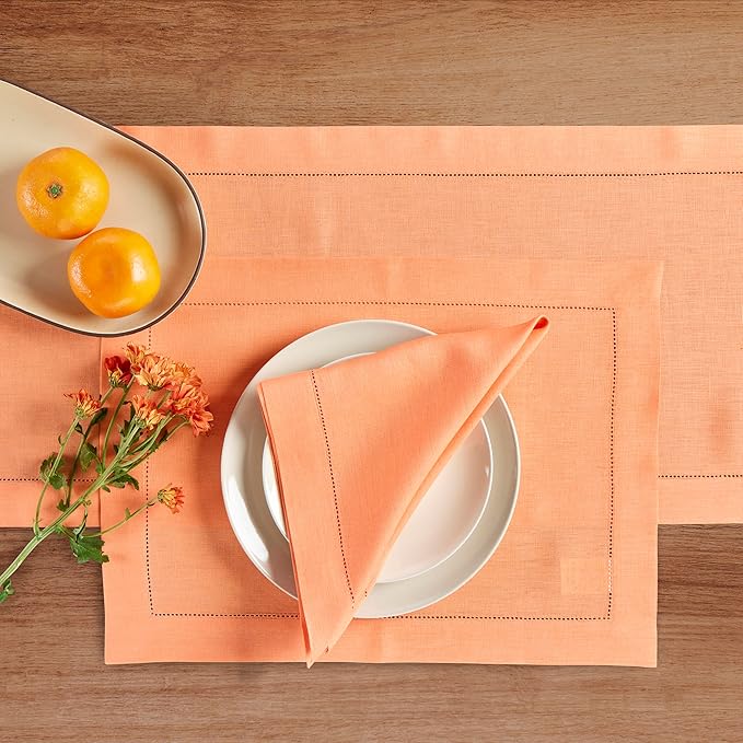 Solino Home Linen Cloth Placemats Set of 4-100% Pure Linen Hemstitch Coral Placemats 14 x 19 Inch - Classic Hemstitch Table Place Mats for Mothers Day, Spring, Summer