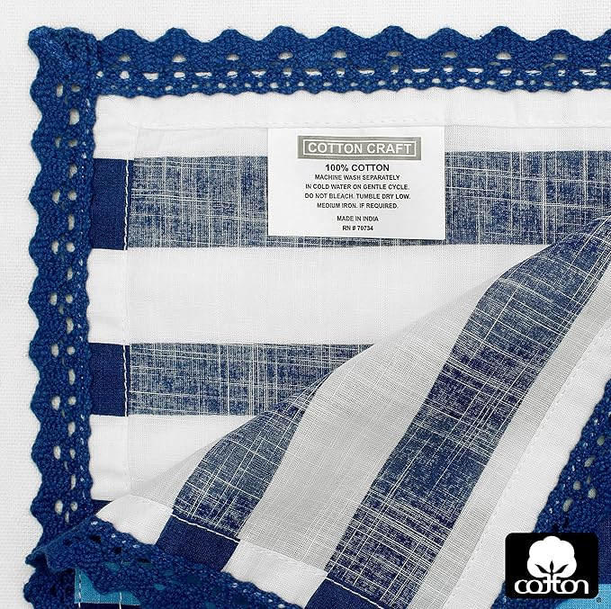 COTTON CRAFT Cloth Napkin - Set of 12 Pure Cotton Slub Elegant Lace Trim Everyday Dinner Napkins - Birthday Party Holiday Table Xmas Festive Gift - Thick Absorbent Washable Reusable Napkin -18x18 Blue