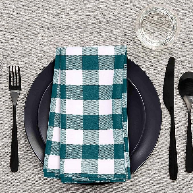 Napkin 100% Cotton Cloth Napkin Decorative Washable Gingham Buffalo Check Plaid Napkins Set of 12 for Home, Kitchen, Dining, Cocktail Parties & Camping - Teal White (18”X18”)