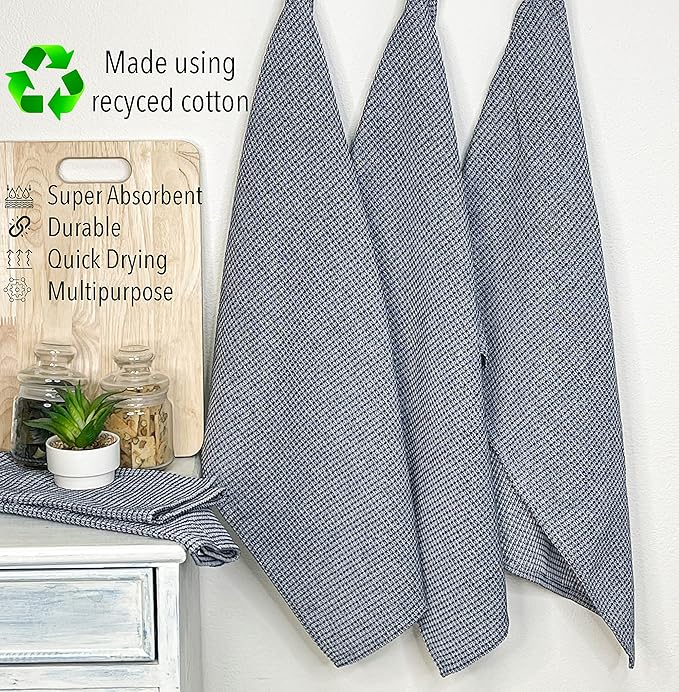 Chardin home Ecofriendly Upcycled Cotton Waffle Kitchen Towels Set, Navy Blue & White | 18x28 Inch Large Dish Cloths Set of 6 |Super Absorbent Reusable Ultra Soft Hand and countertop Tea Towels