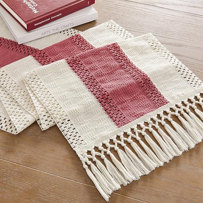 ZeeMart Macrame Style Bicolor Stitching Table Runner, 14 x 36 Inch Dusty Rose/Ivory, Boho Pink Table Runners 36 Inches Long, Farmhouse Woven Home Decor