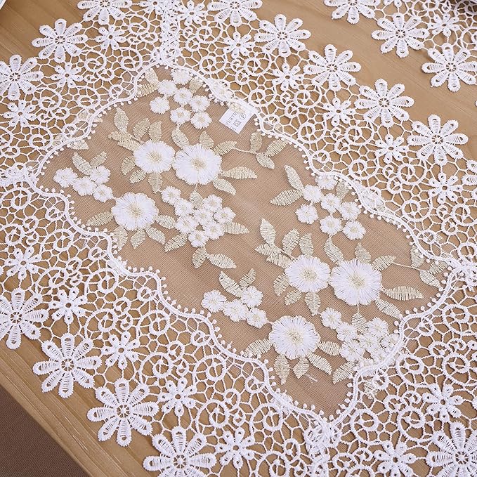 White Ivory Gold Floral Lace Placemats 14”x20” Set of 2, Table Topper Dresser Scarf Place Mats(Set of 2, White & Ivory)